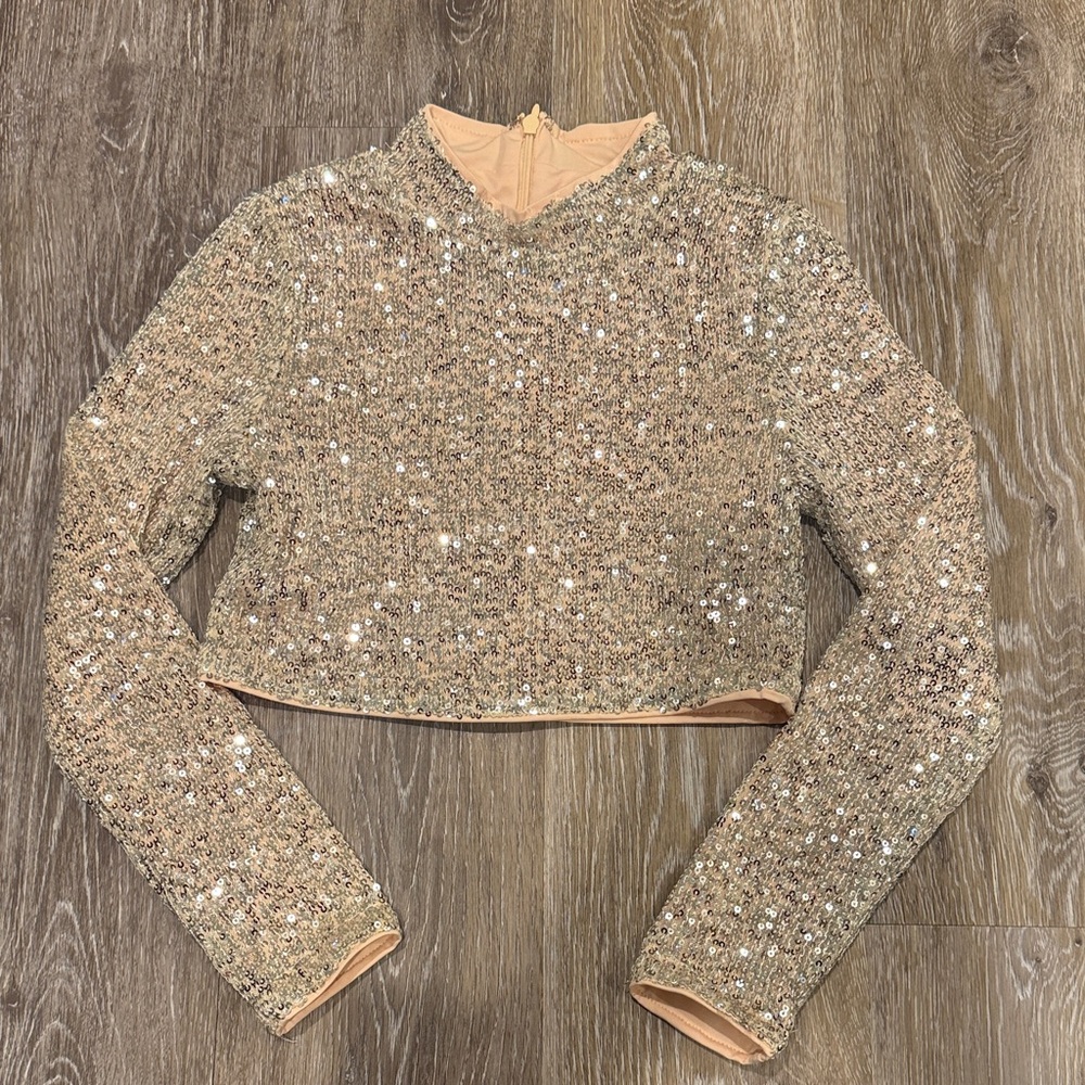 Katie J NYC Liza Glittering Crop Long Sleeve Sequin Top medium